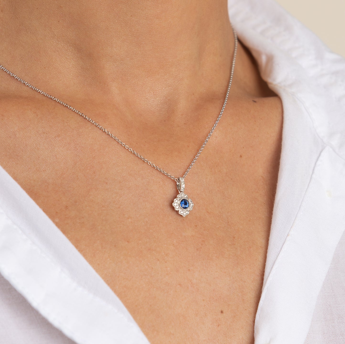 Diamond and Sapphire Pendant in 14k White Gold